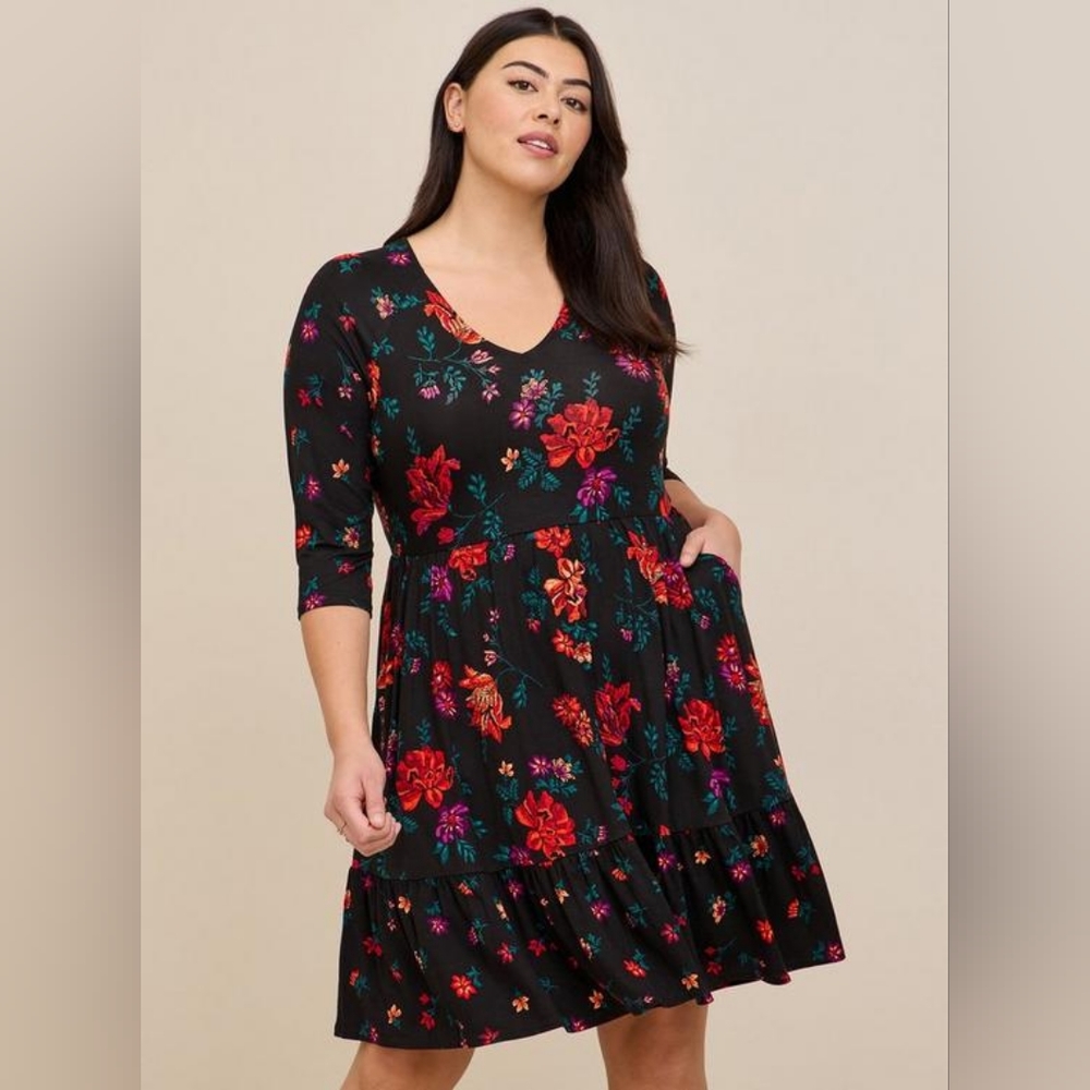 Torrid Mini Super Soft Skater Dress, Black Floral, Size 4x